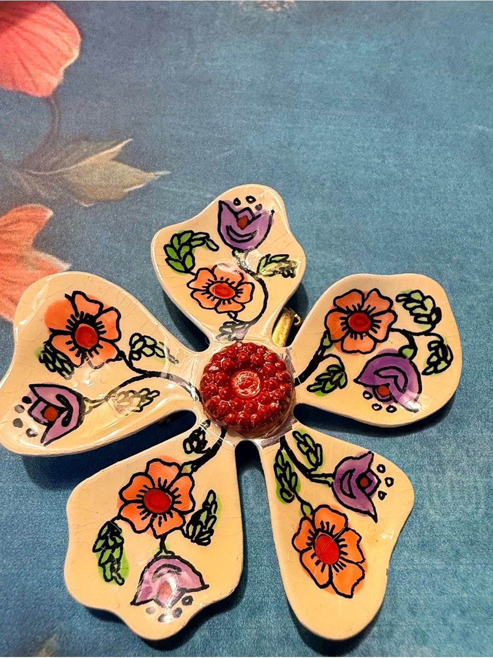 Hand-Painted Floral Enamel Brooch. Cream with Orange & Purple